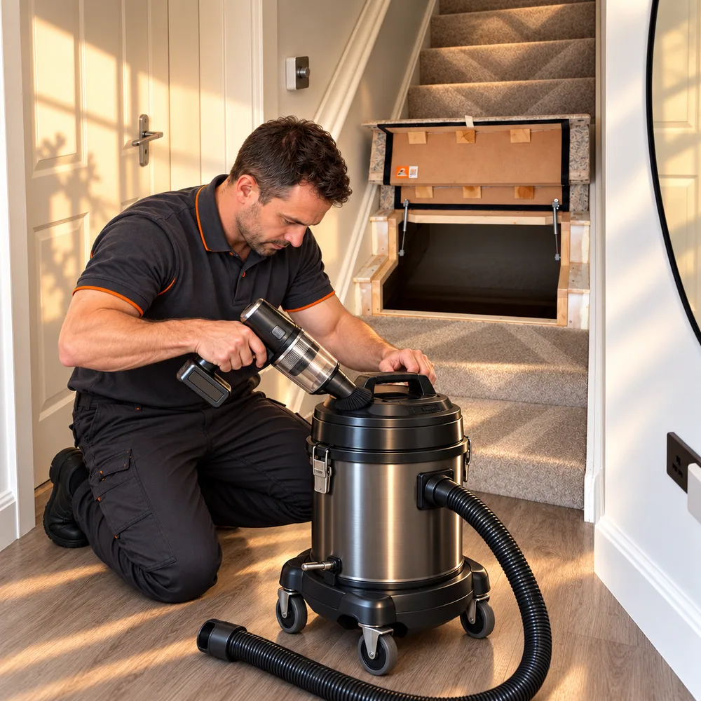 Edited campaign photograph of the same technician using a separate mini handheld vacuum to clean his professional vacuum cleaner